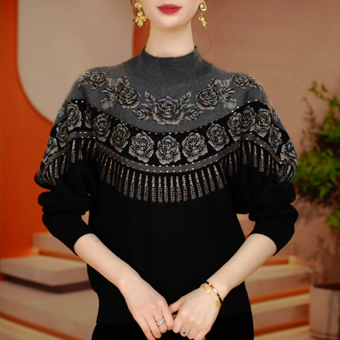 秋冬新款百搭显瘦减龄舒适透气女针织提花圆领衫上衣-A251193