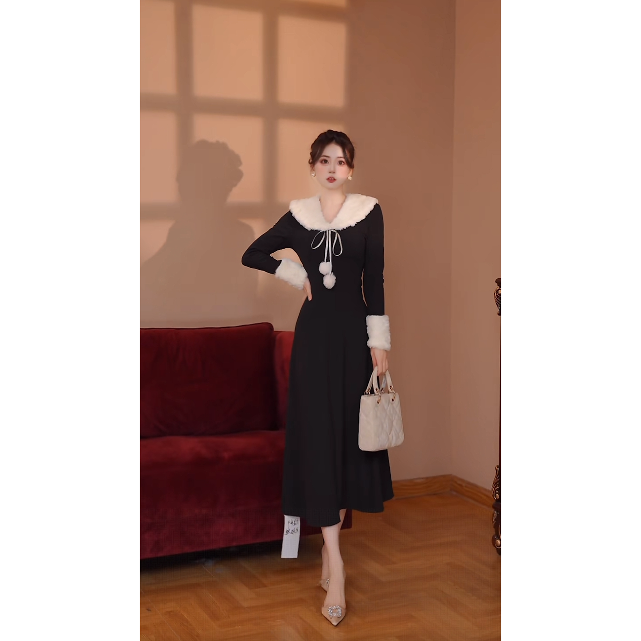 【替换】【无拉链】黑色小香风V领连衣裙女2025收腰长裙QY0152
