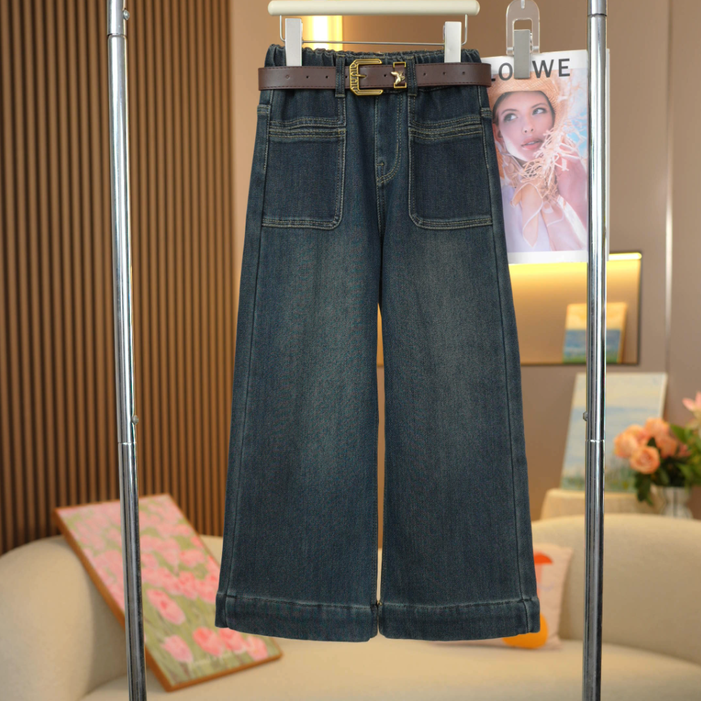 女童加绒拼接口袋直筒阔腿裤2025冬新款中大童百搭洋气儿童牛仔裤