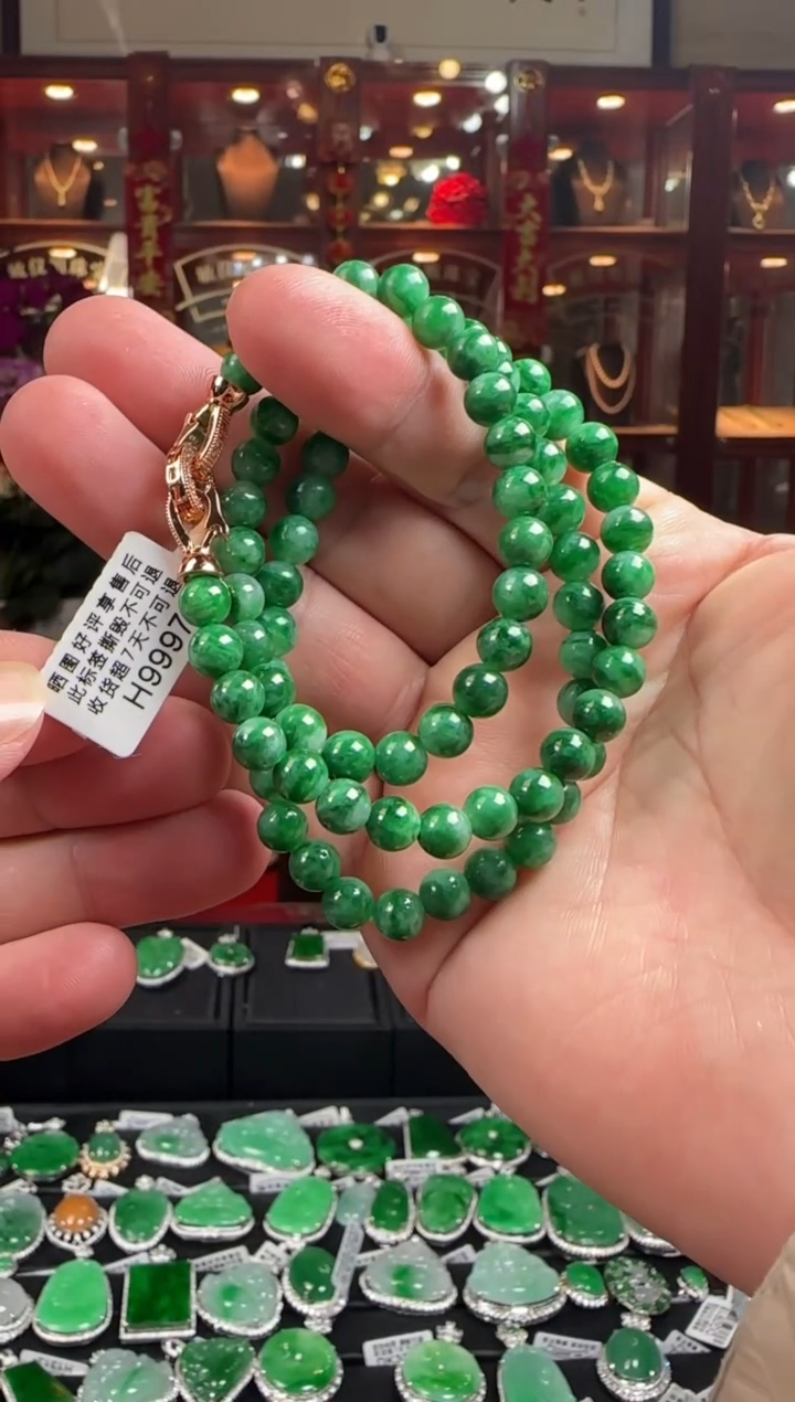 【闪购商品】翡翠项链未镶嵌H9997冰辣绿珠项链6.6