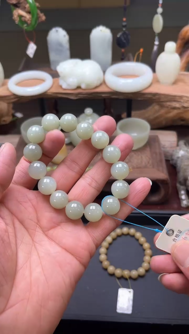 【闪购商品】和田玉手串未镶嵌卡14且末青白圆珠特价9003091