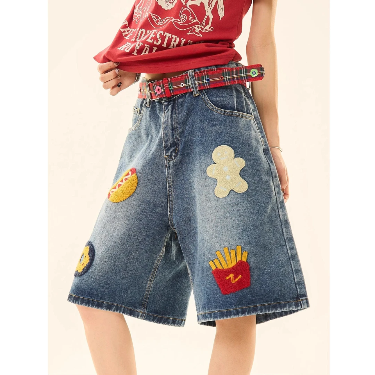 美式复古oversize汉堡薯条毛巾绣牛仔短裤男女情侣运动休闲五分裤