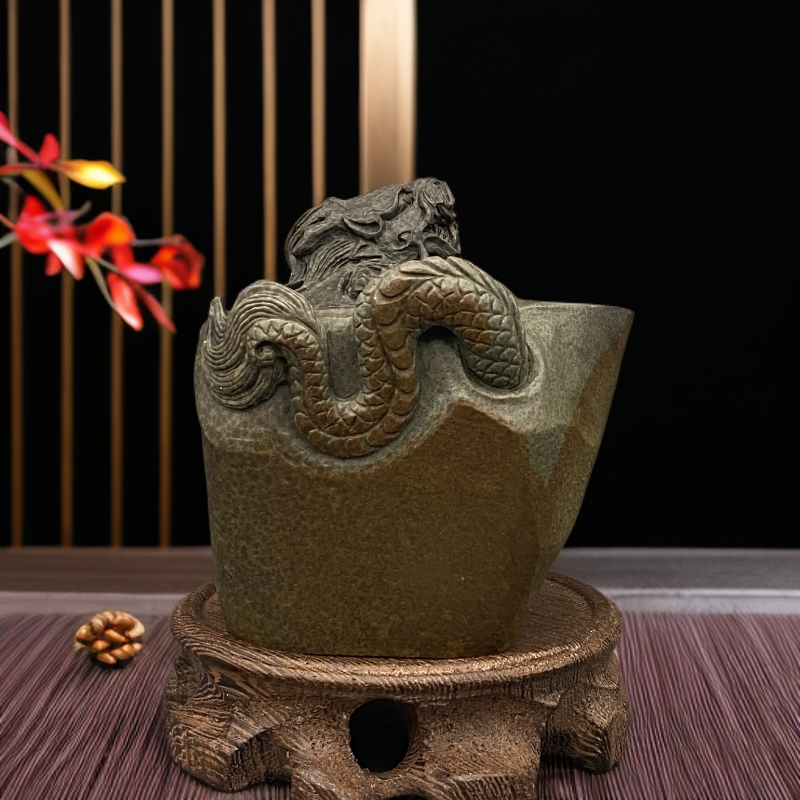 黄豹手抓龙壶高货孤品纯手工雕刻冰碛岩茶壶复古精美壶具180cc