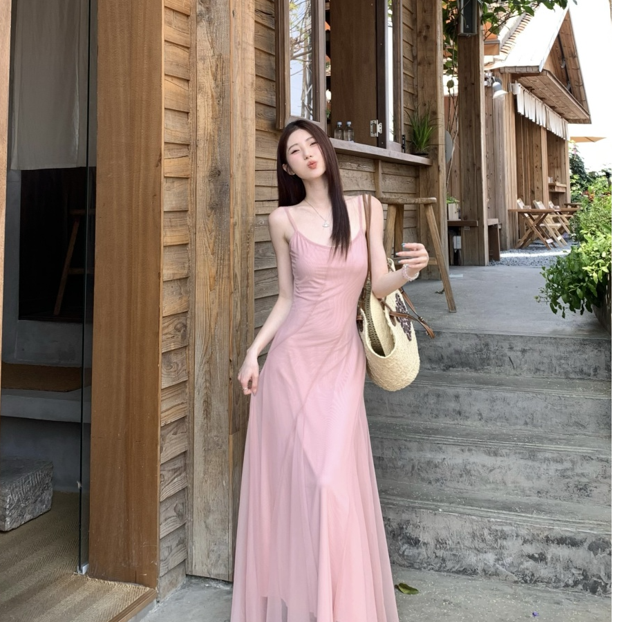 【粉雾香氛】2025新款春夏法式气质艺术生浪漫吊带长裙套装