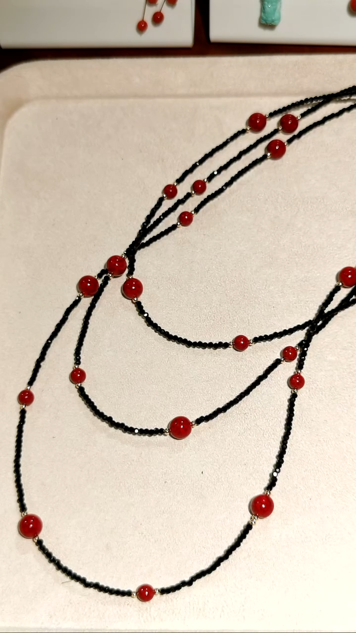 天然辰砂晶体砂黑尖晶项链手链多用款