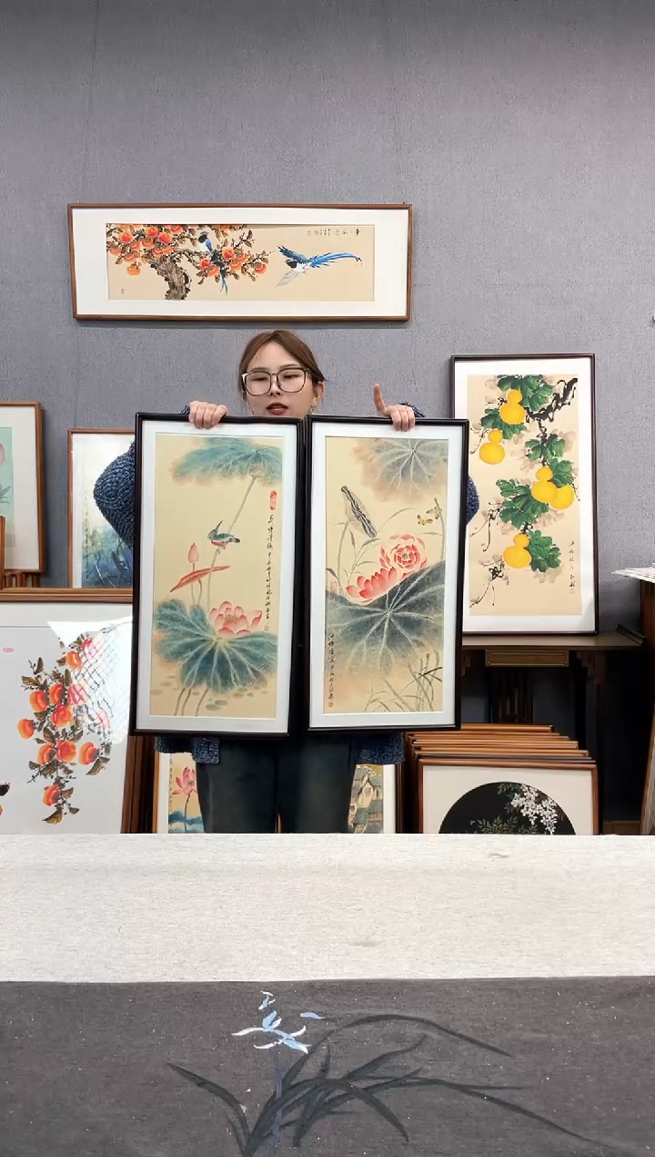 【闪购商品】国画王嘉诚-手绘带框作品-35*68-两个