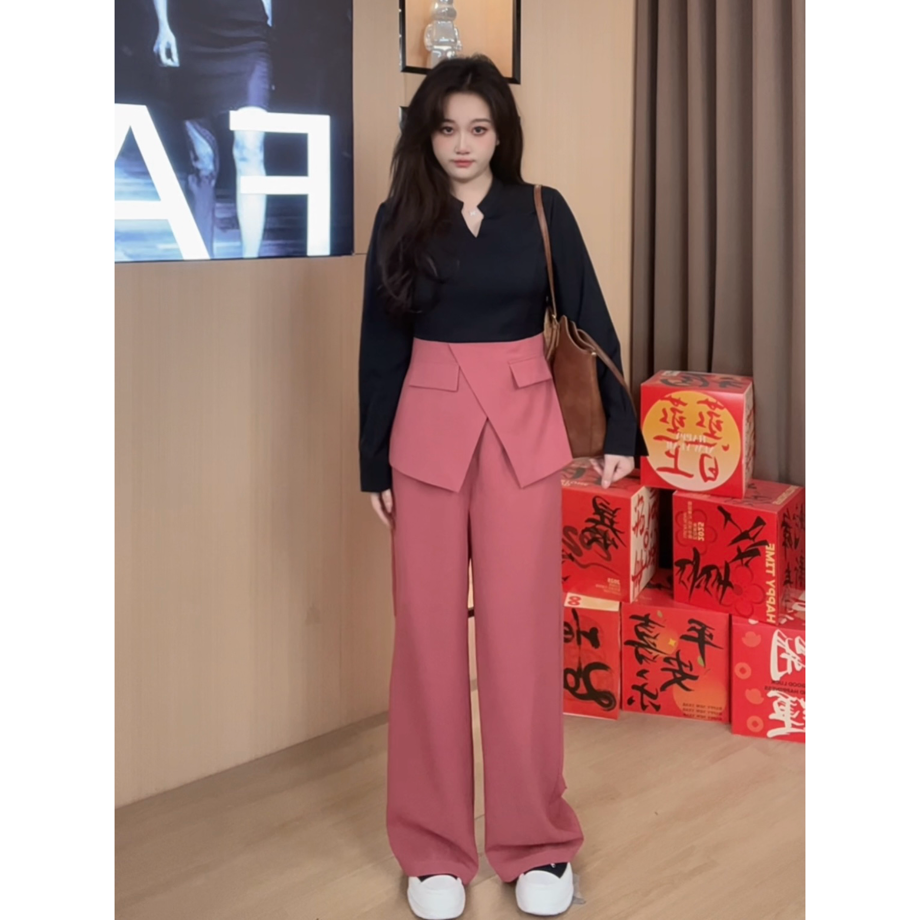 LuLu微胖定制~【LHC1713】春季新款时尚气质撞色拼接上衣+西装长裤