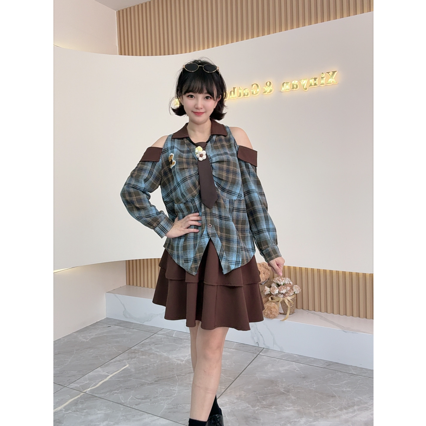 【之霖甄选】大码女装韩系辣妹套装秋季格子衬衫显瘦高腰两件套