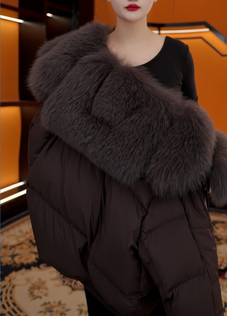 【门店现货有运费险】2025鸭绒格栅大毛领短款时尚百搭新款羽绒服