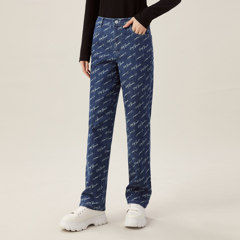 阿玛施AMASS字母深呼吸宽松高腰直筒牛仔裤简约百搭长裤女5100470