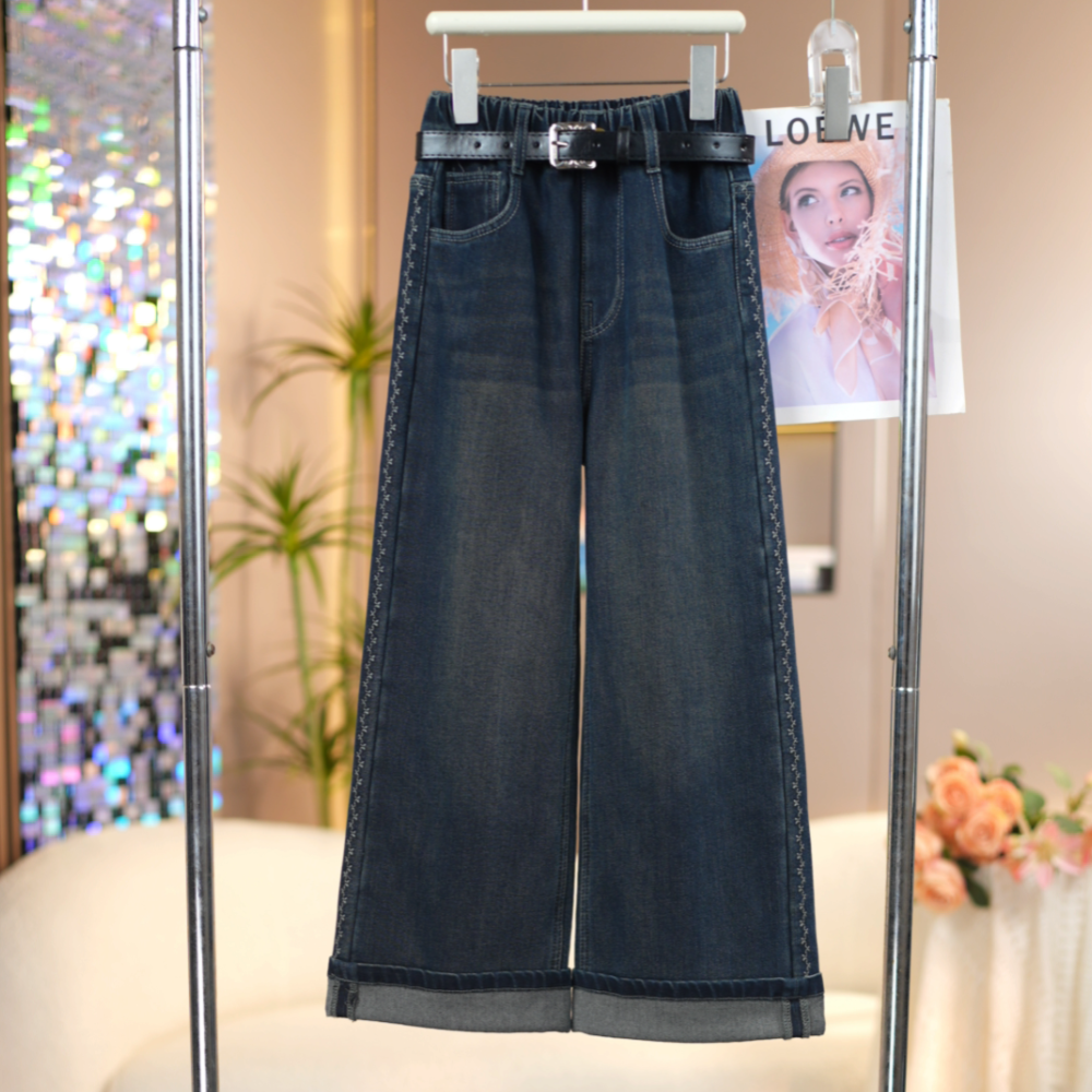 女童加绒两侧刺绣牛仔裤2025冬季新款中大童百搭儿童洋气直筒裤子