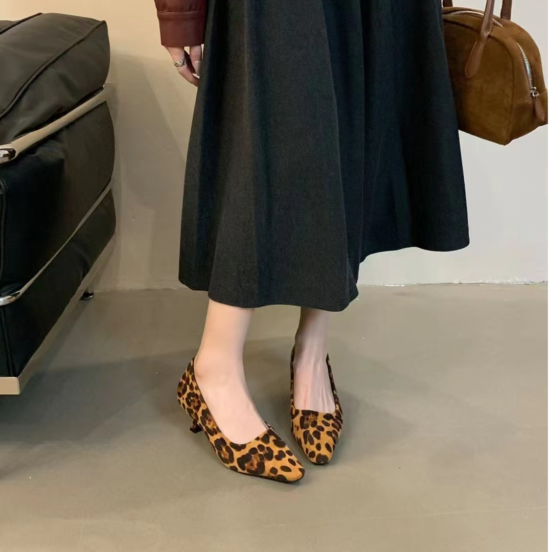 【tianai shoes】5CM春季气质单鞋复尖头细跟浅口豹纹