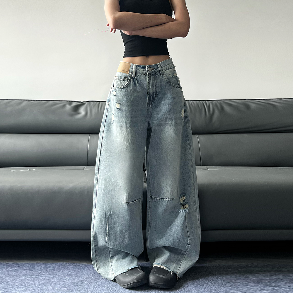 JADEQILIN美式复古水洗破洞弯刀牛仔裤新款高腰直筒毛边阔腿裤子