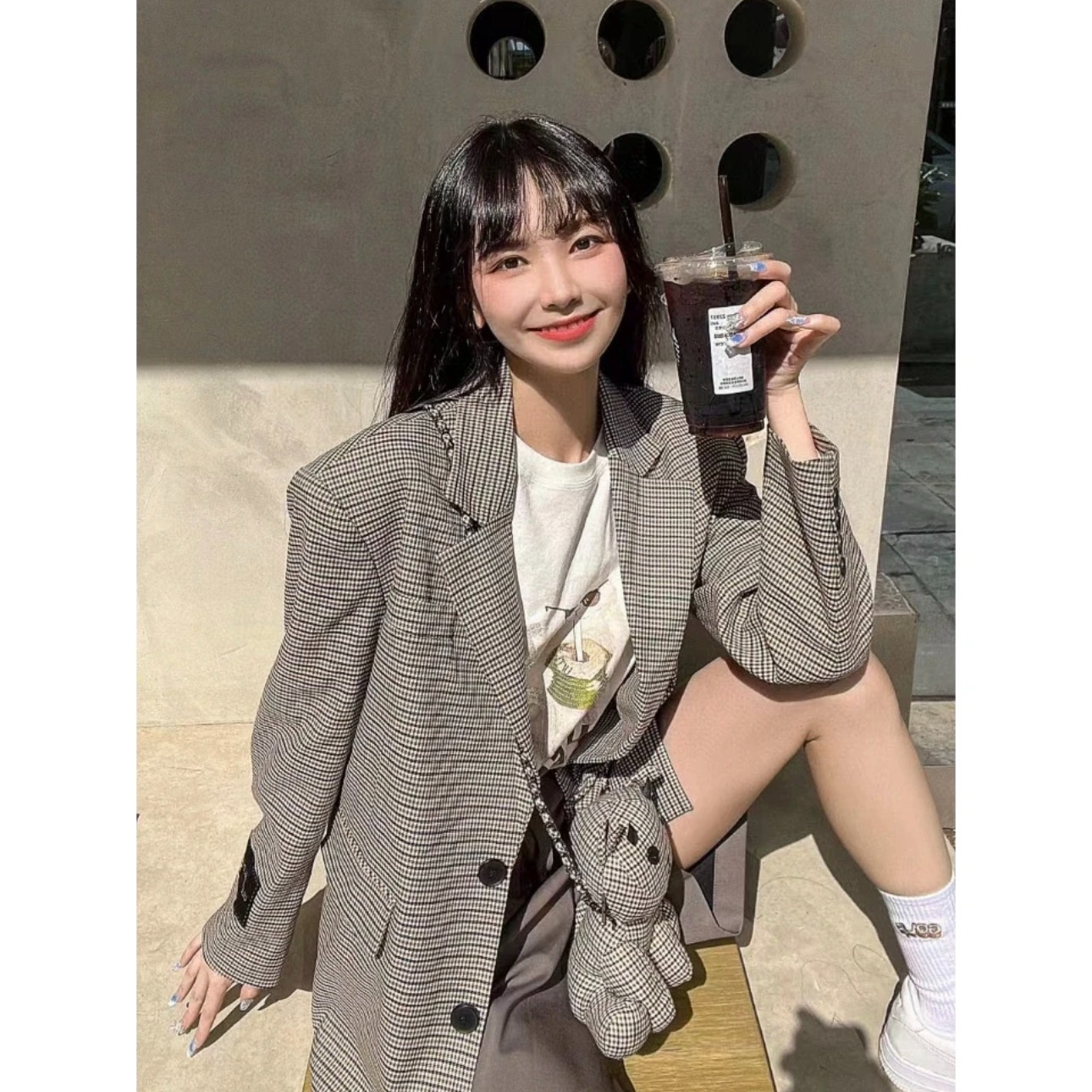 【JOYFULHEALINNG】U/TI 设计感复古细格纹猫咪玩偶春秋西装外套
