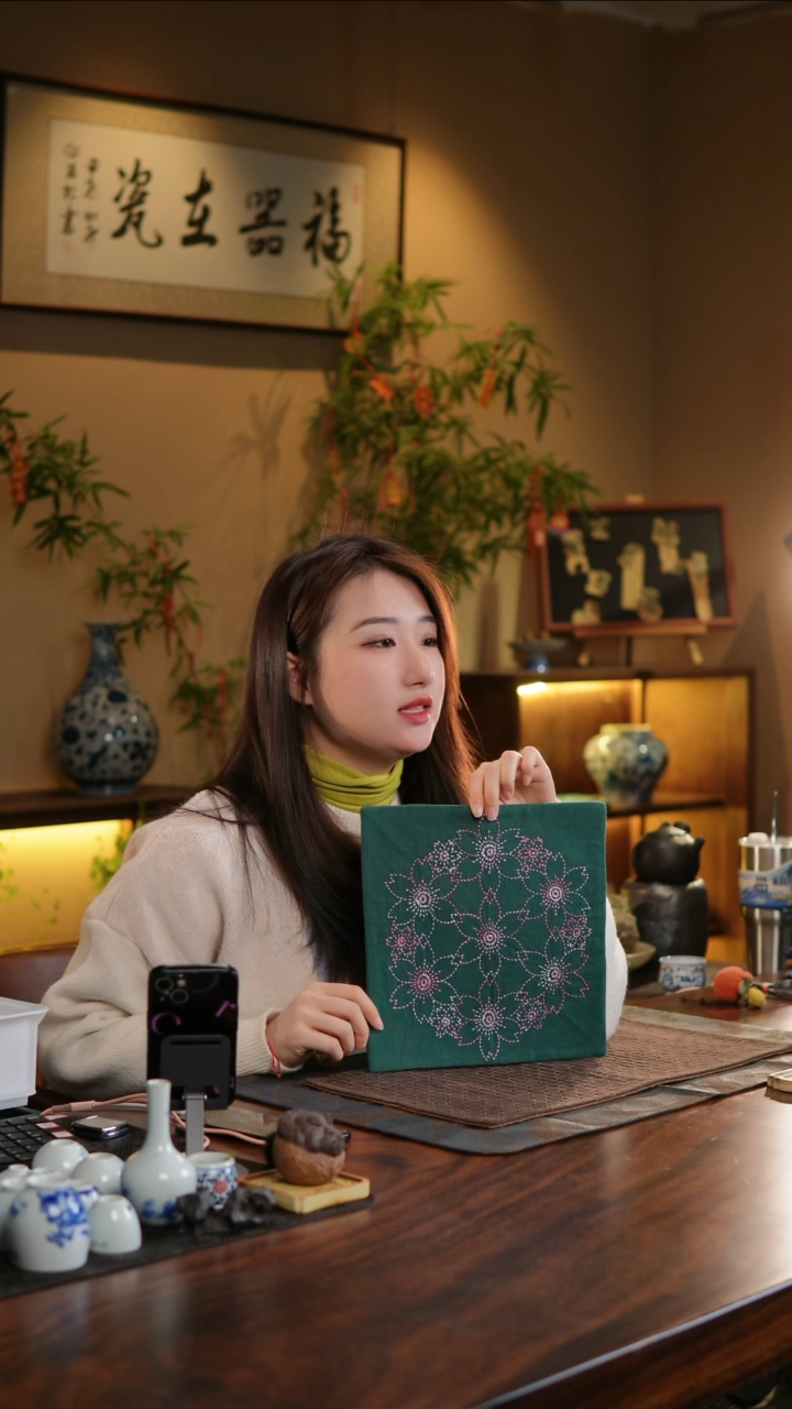 【闪购商品】织绣樱花正方形杯垫绿色