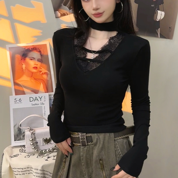 2025加绒秋冬性感辣妹风内搭长袖T恤V领蕾丝花边挂脖打底衫女