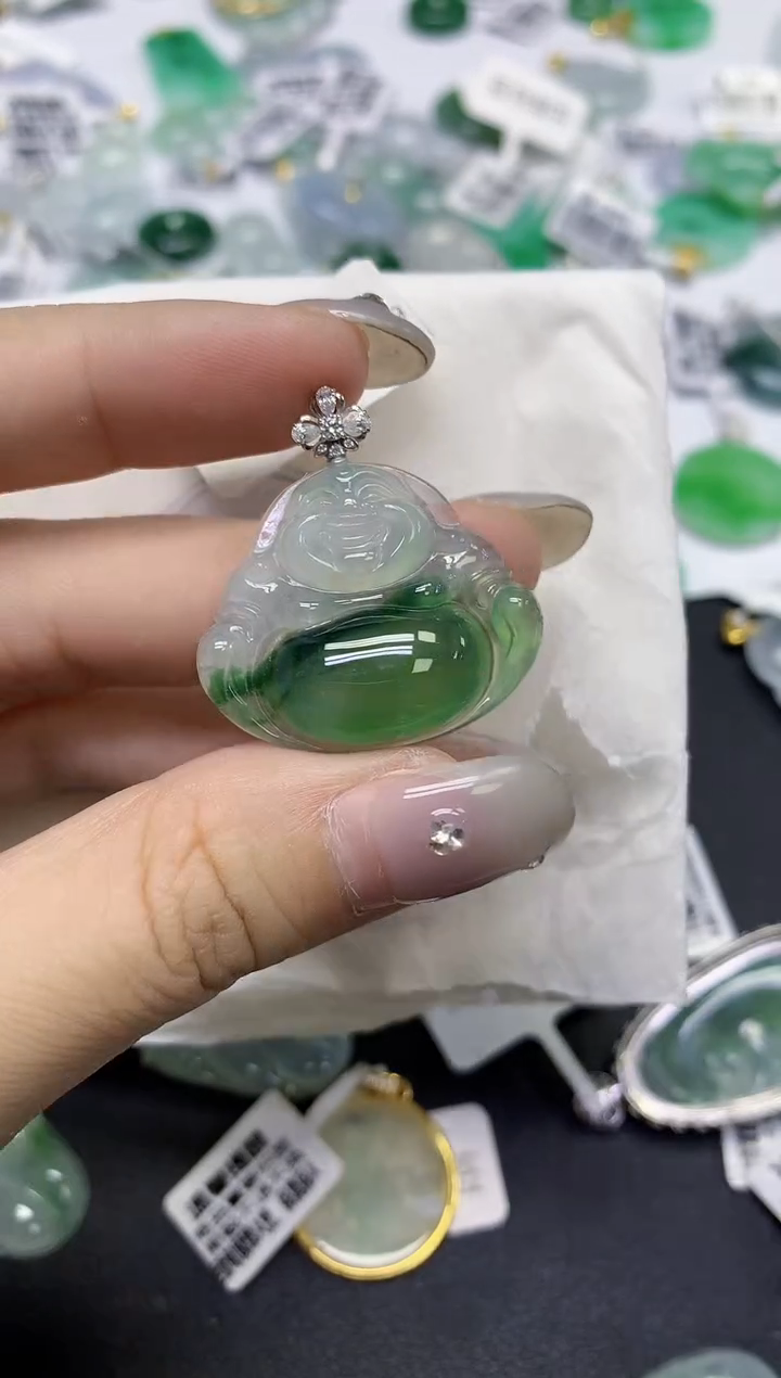 颈饰18K金镶嵌翡翠天然缅甸翡翠A货百元以上9元证书费自理