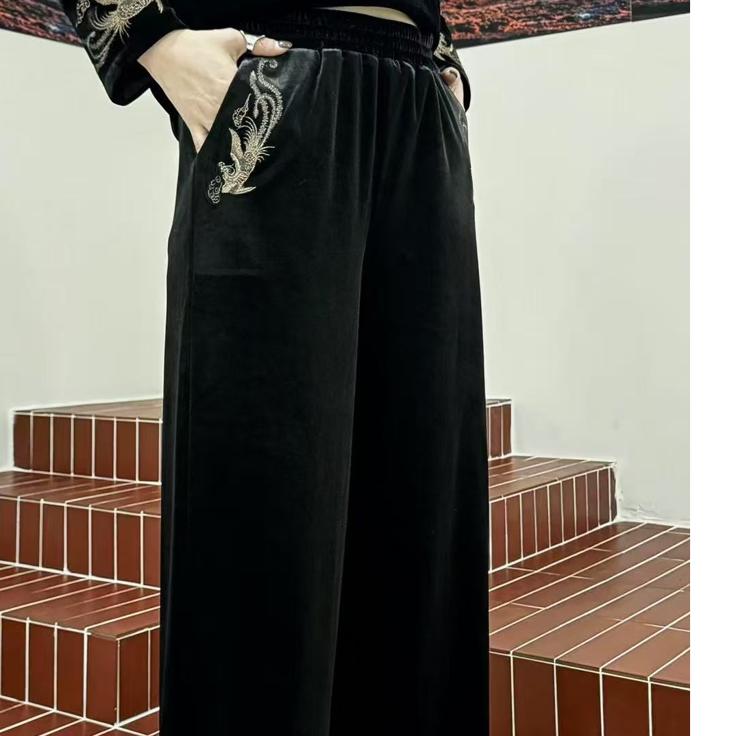 精品大码妈妈女士气质宽裤舒适百搭丝绒阔腿裤MSXG5152