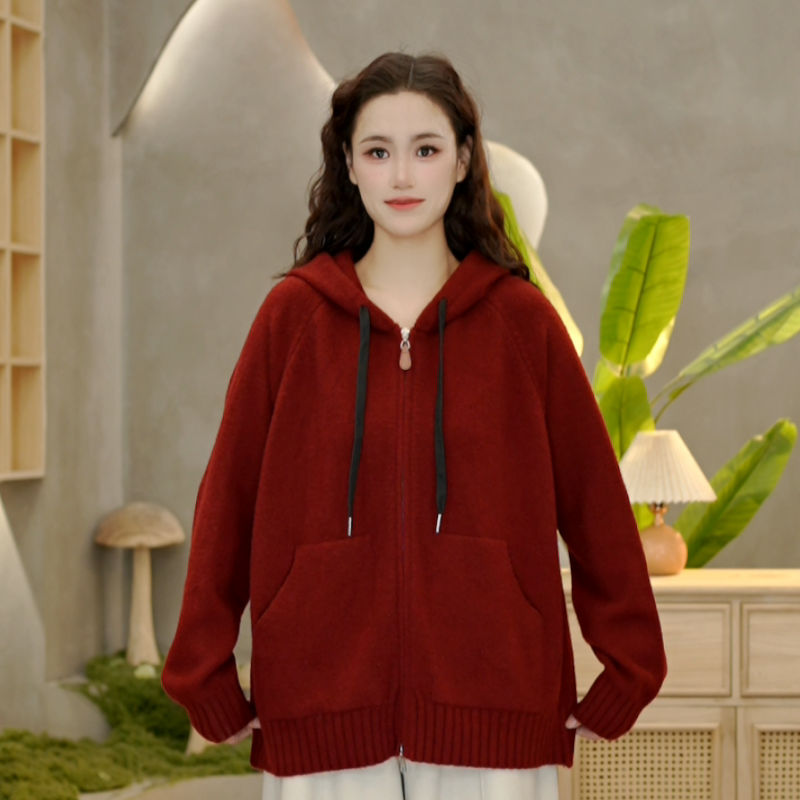 3979 秋冬季新款连帽针织开衫时尚休闲宽松针织衫外套女百搭上衣