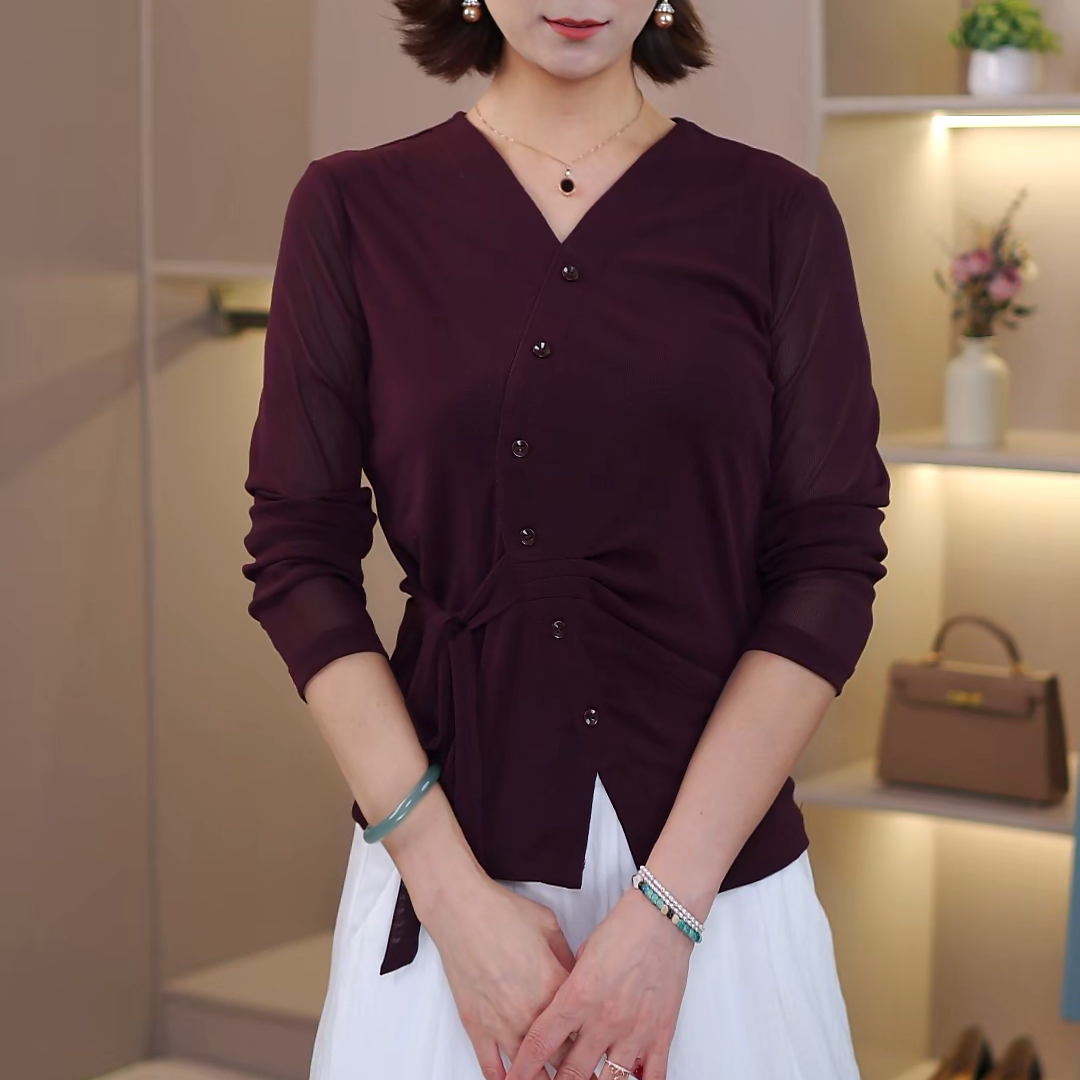 秋季爆款纯色弹力网纱修身光版系带长袖纽扣洋气时尚妈妈装打底衫