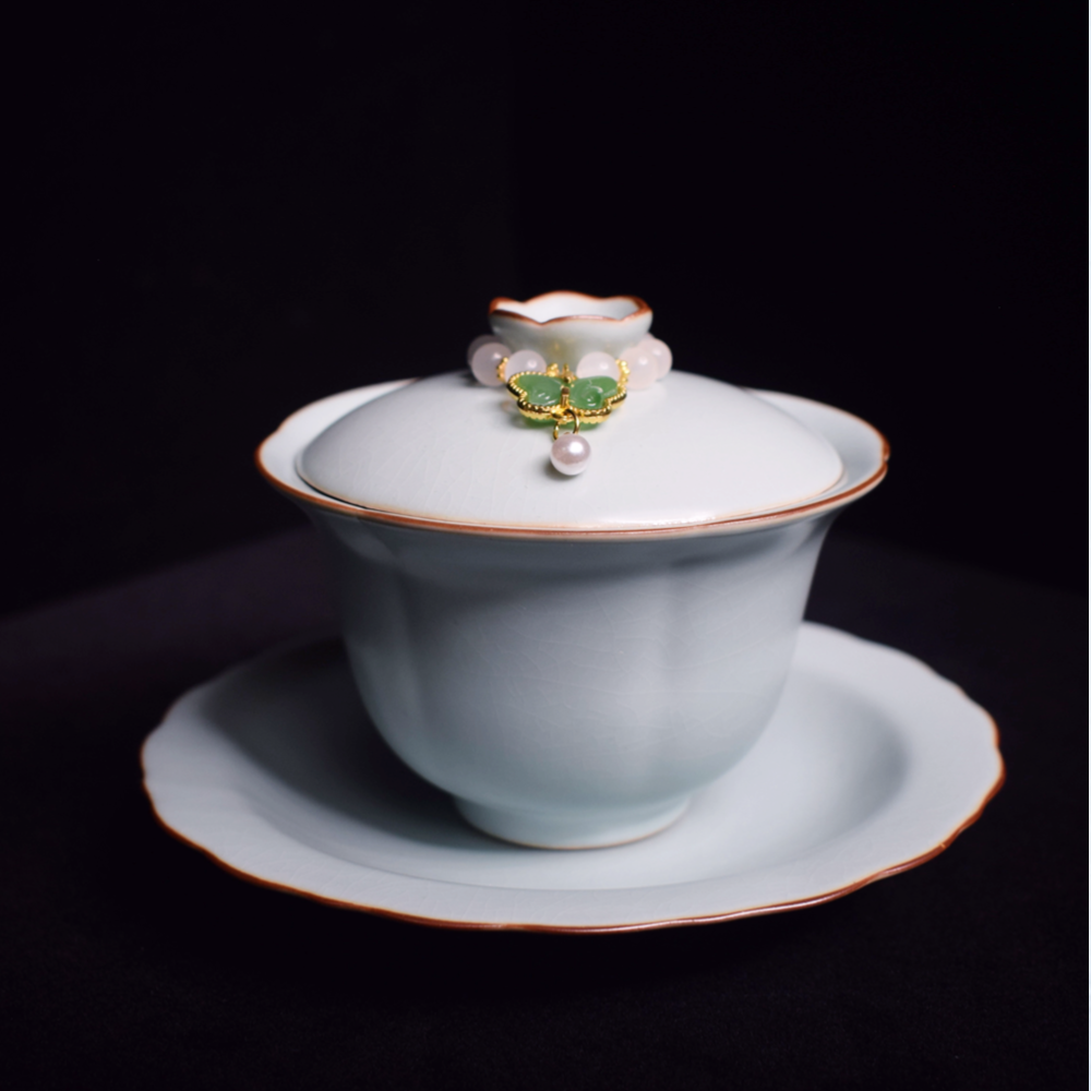 蓝汝花形三才盖碗简约复古中式功夫茶具【二级品，完美主义勿拍】