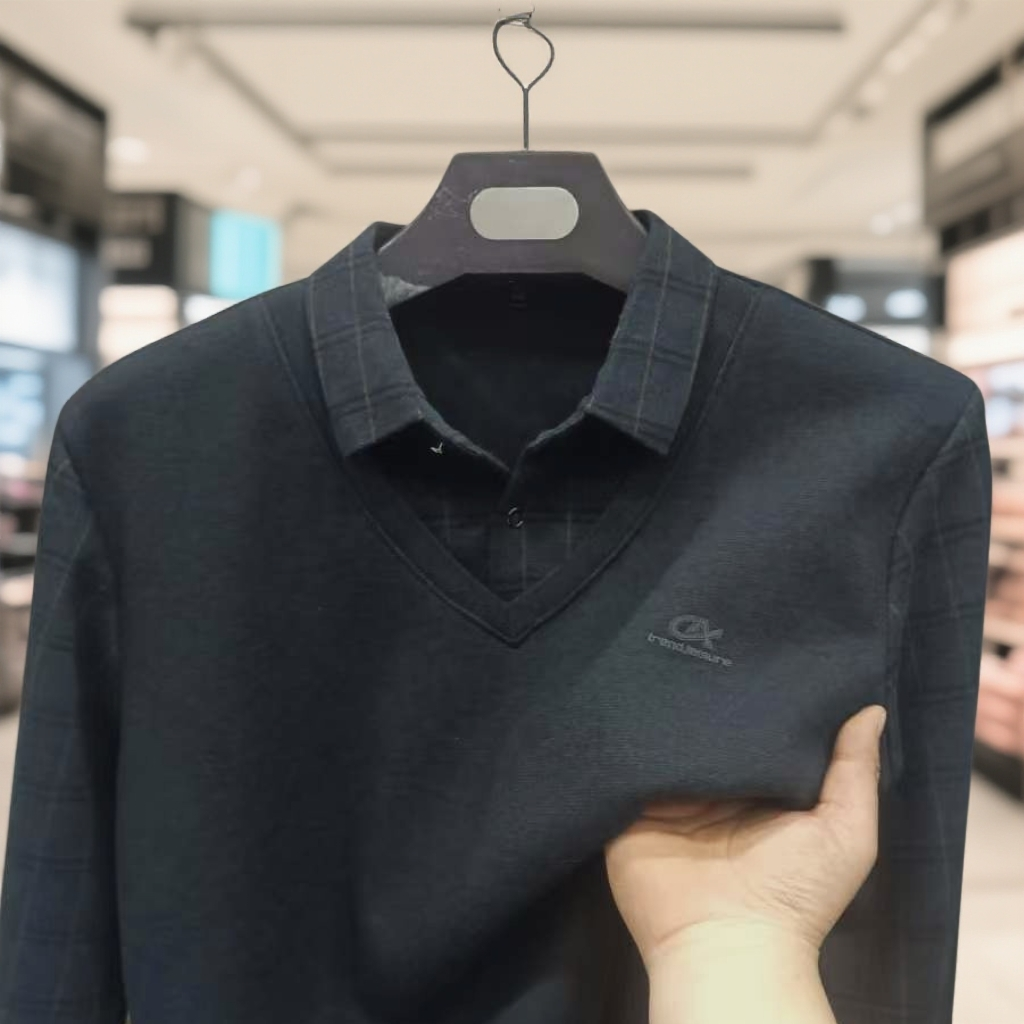 单色特价【6812】加绒男士假两件T恤舒适百搭