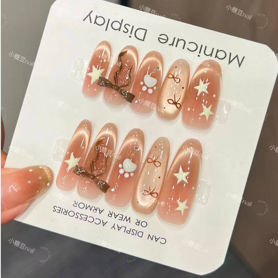 【焦糖布丁】甜酷风猫眼波点蝴蝶结高级显白四季可拆卸穿戴甲片