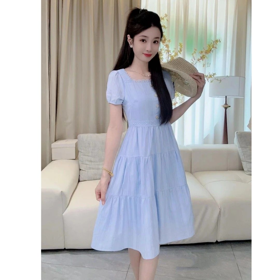 【柒量一优选】拉链夏季纯色重工刺绣蓝色连衣裙中长款裙子时尚