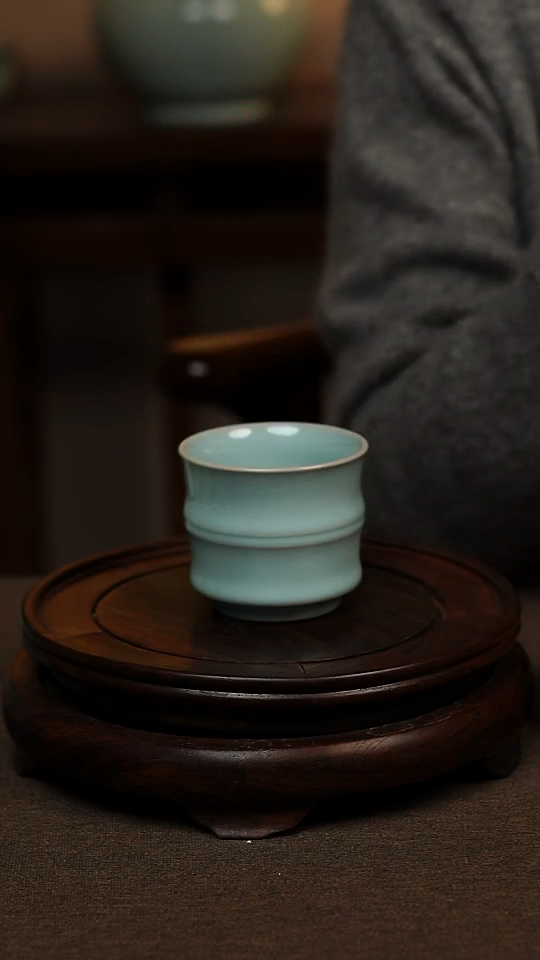 瓷片天青色全手工竹节杯100ml微瑕不带礼盒
