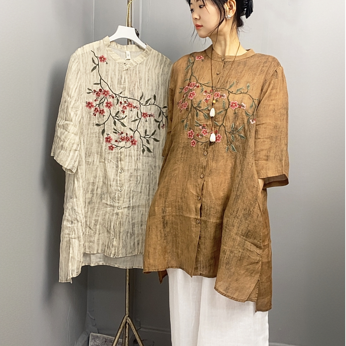 苎麻刺绣夏季中长款上衣2025宽松衬衫新中式复古文艺外套时尚宽松