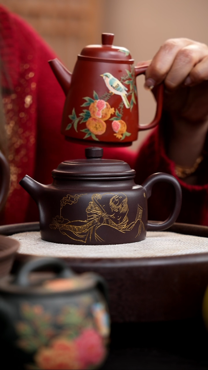 【闪购商品】紫砂茶壶2把/紫泥德钟+朱泥秦权泥绘石榴023