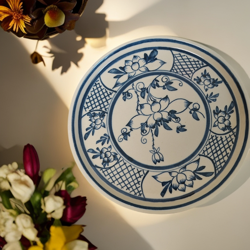 【耀州窑】【蓝花瓷】白底蓝花22-24cm微瑕手绘兰花陶瓷赏盘圆盘菜盘