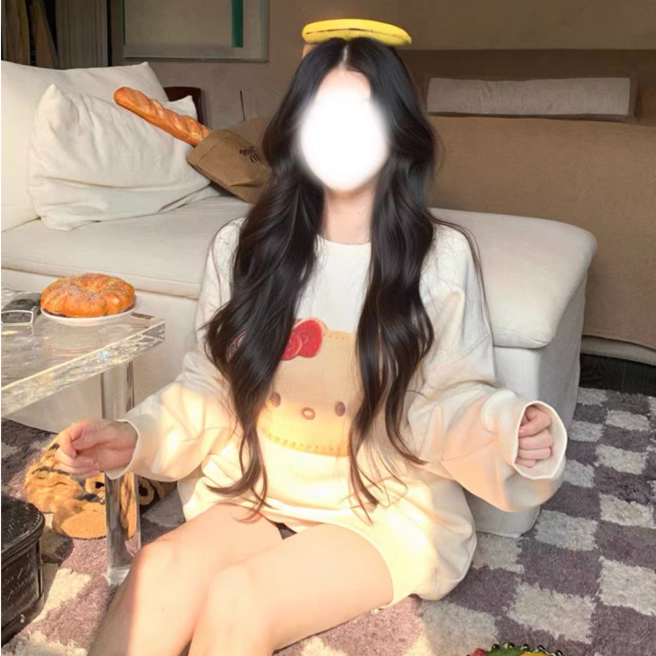 胖鹅张~慵懒圆领KT卡通印花宽松卫衣#7075