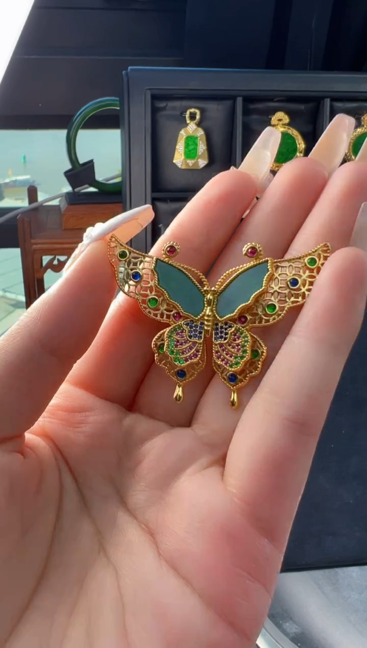 【闪购商品】翡翠吊坠(不含链)银S925镀金镶嵌天然缅甸翡翠A货吊坠