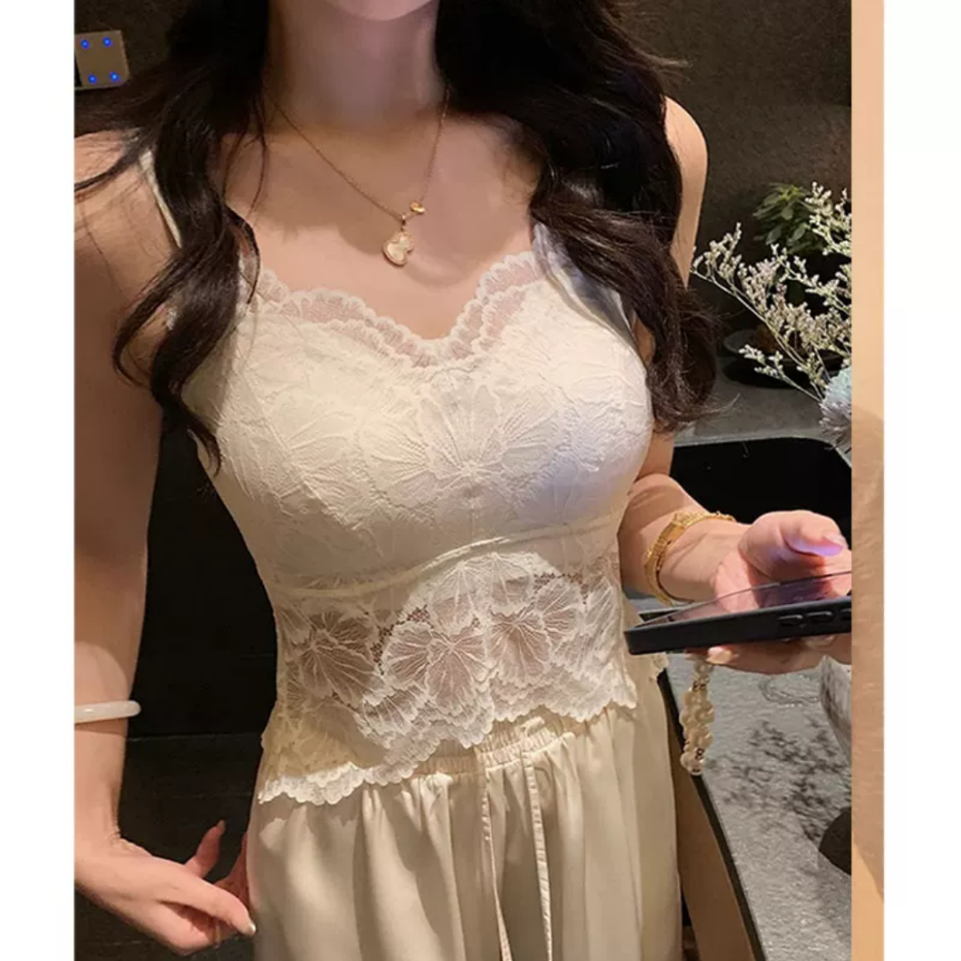 [画境月白] 蝴蝶花无痕性感夏季蕾丝吊带女背心带胸垫可外穿美背