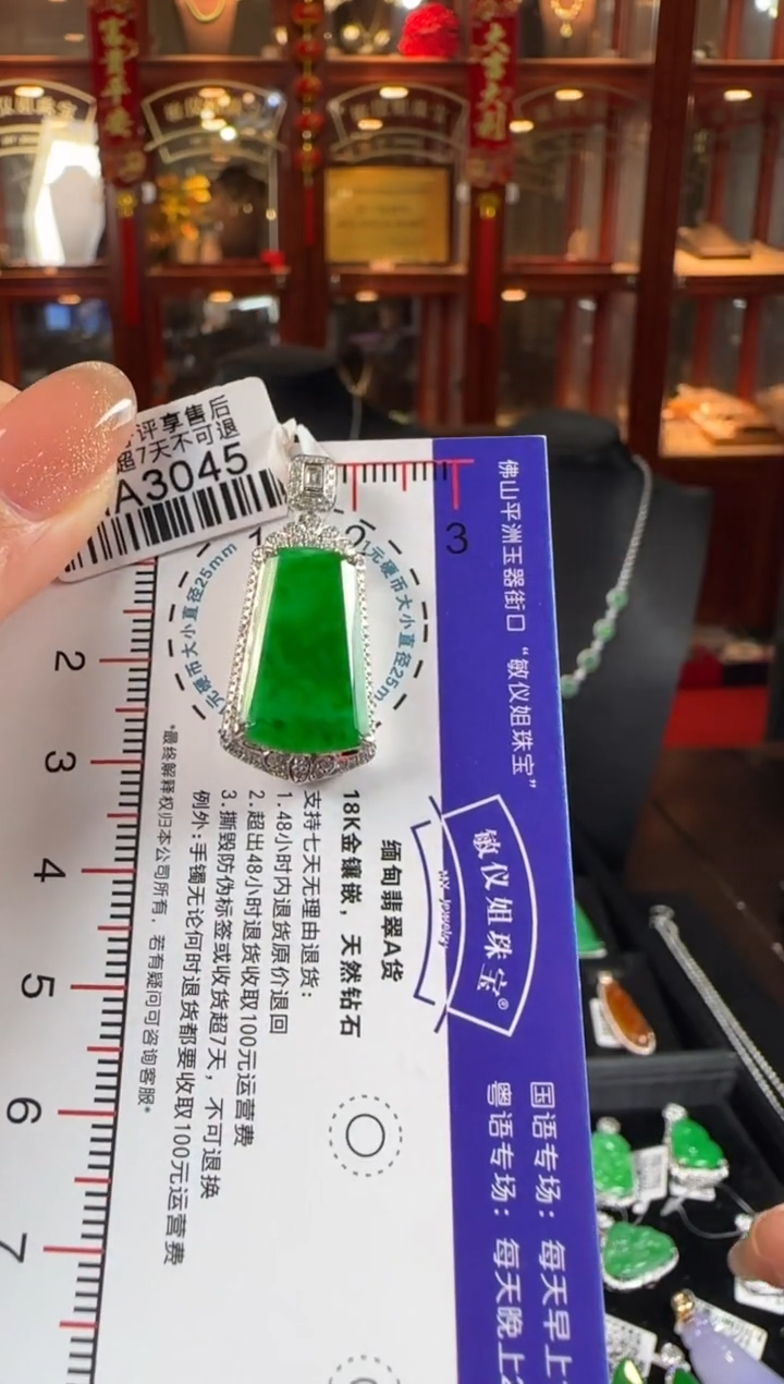 颈饰18K金镶嵌翡翠HA3045冰辣绿无事牌