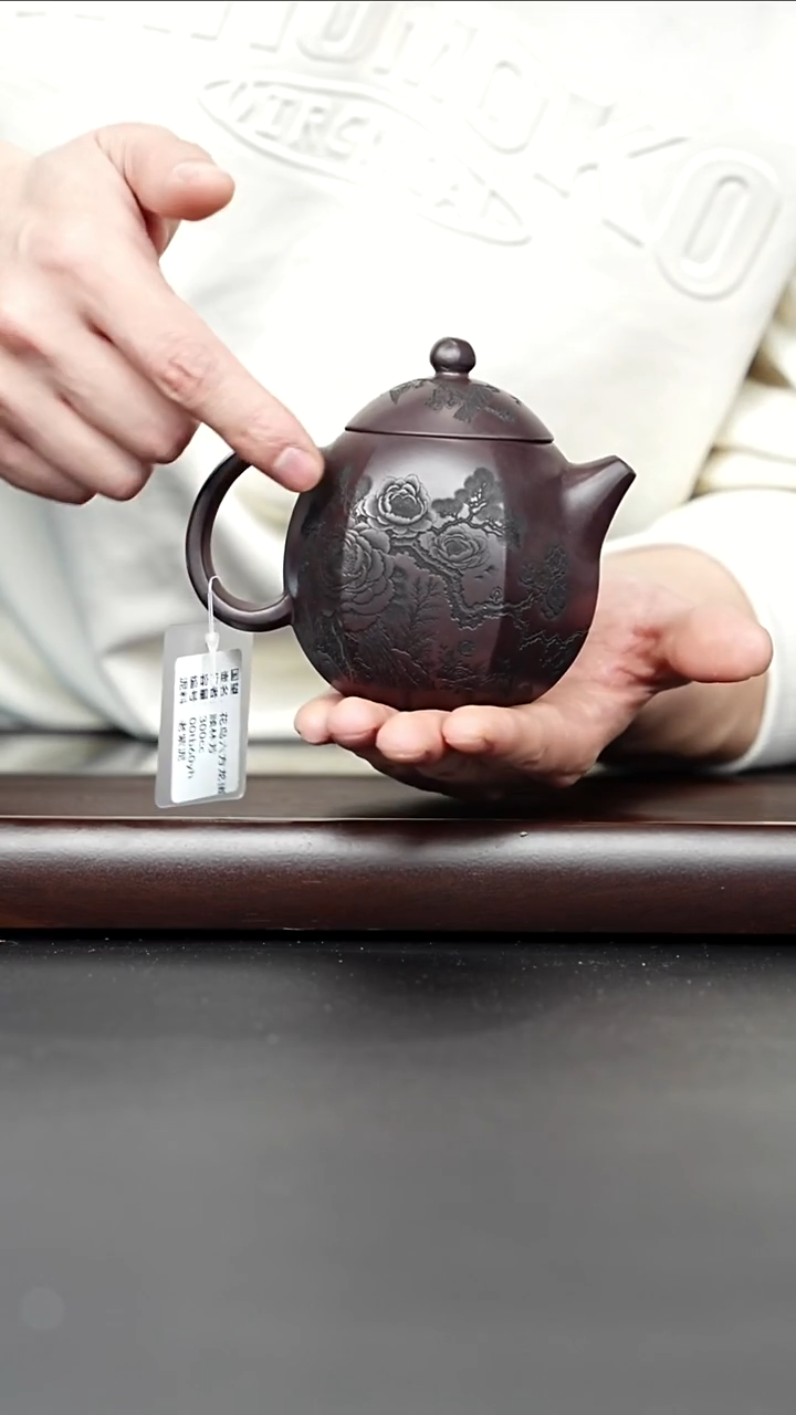 紫砂壶花鸟六方龙蛋 深井老紫泥 顾林芬