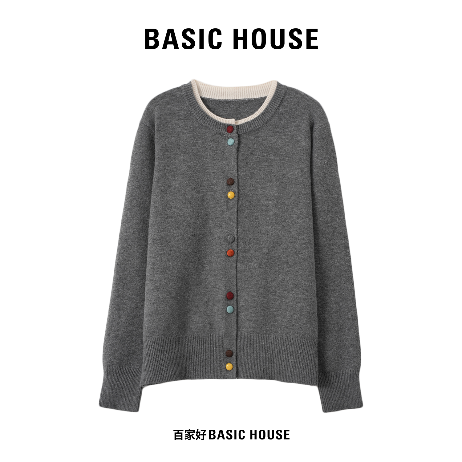 Basic House/百家好2025彩扣撞色圆领复古小香风毛针织衫P912 MM