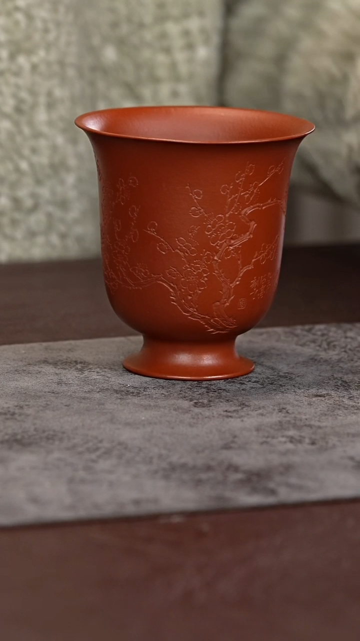 茶杯紫泥朱泥宫灯杯刻绘梅花