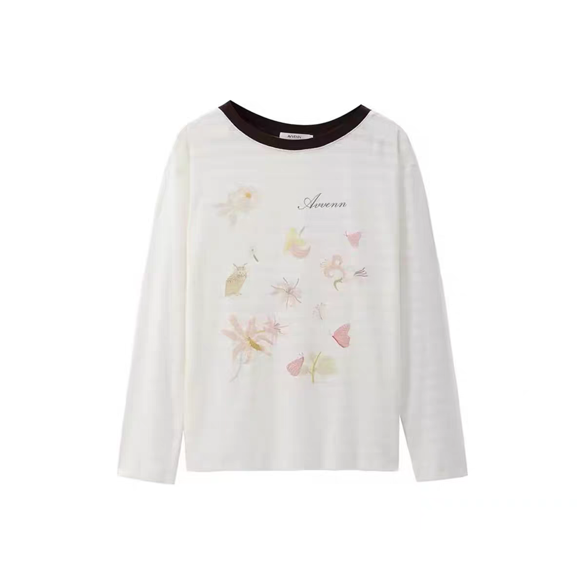 AVVENN2026春撞色领童趣宽松长袖T恤女