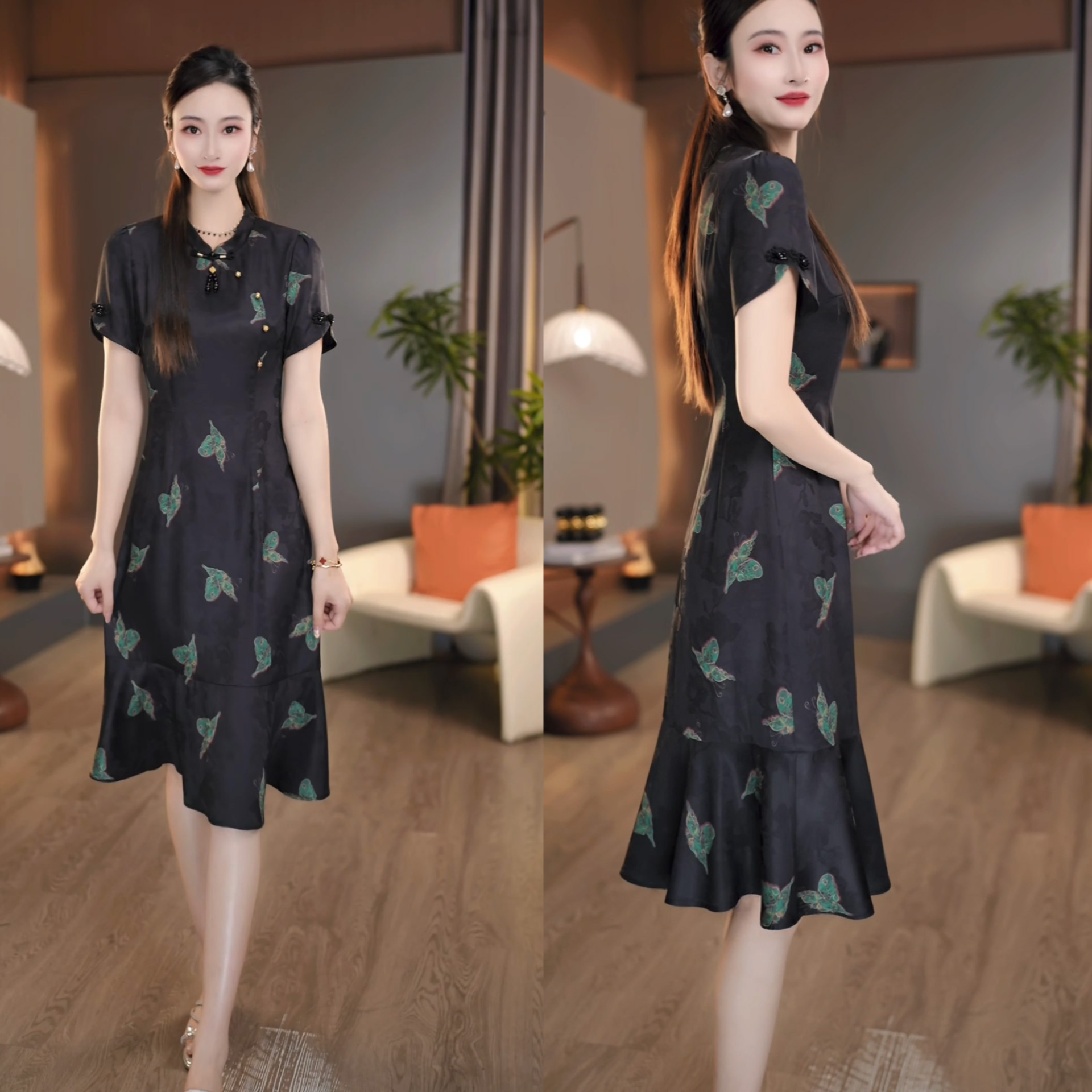 2025夏季新款黑底青蝶洋气修身优雅气质收腰中式旗袍连衣裙M-4XL