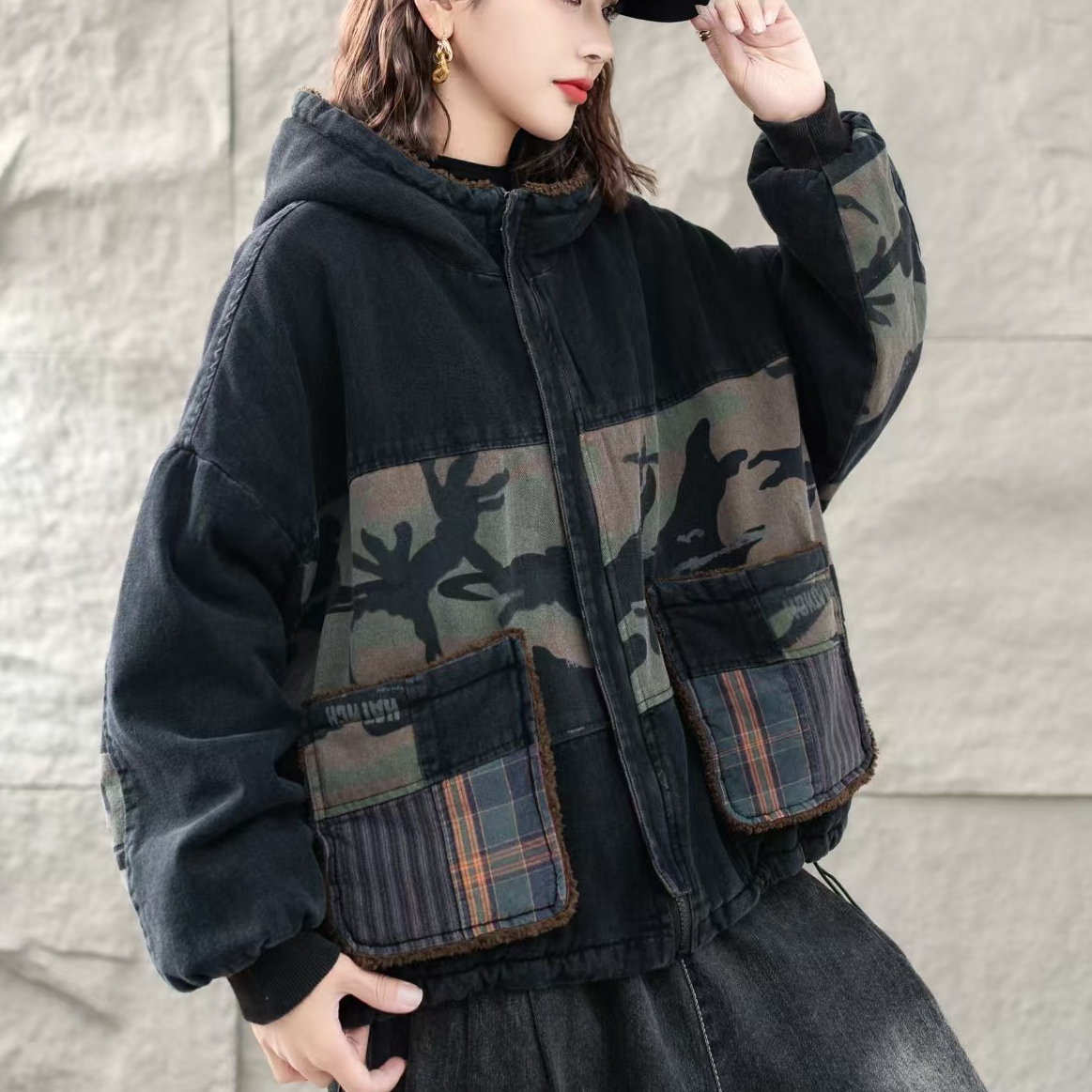 7765新款秋冬加厚休闲百搭复古显瘦连帽上衣棉服