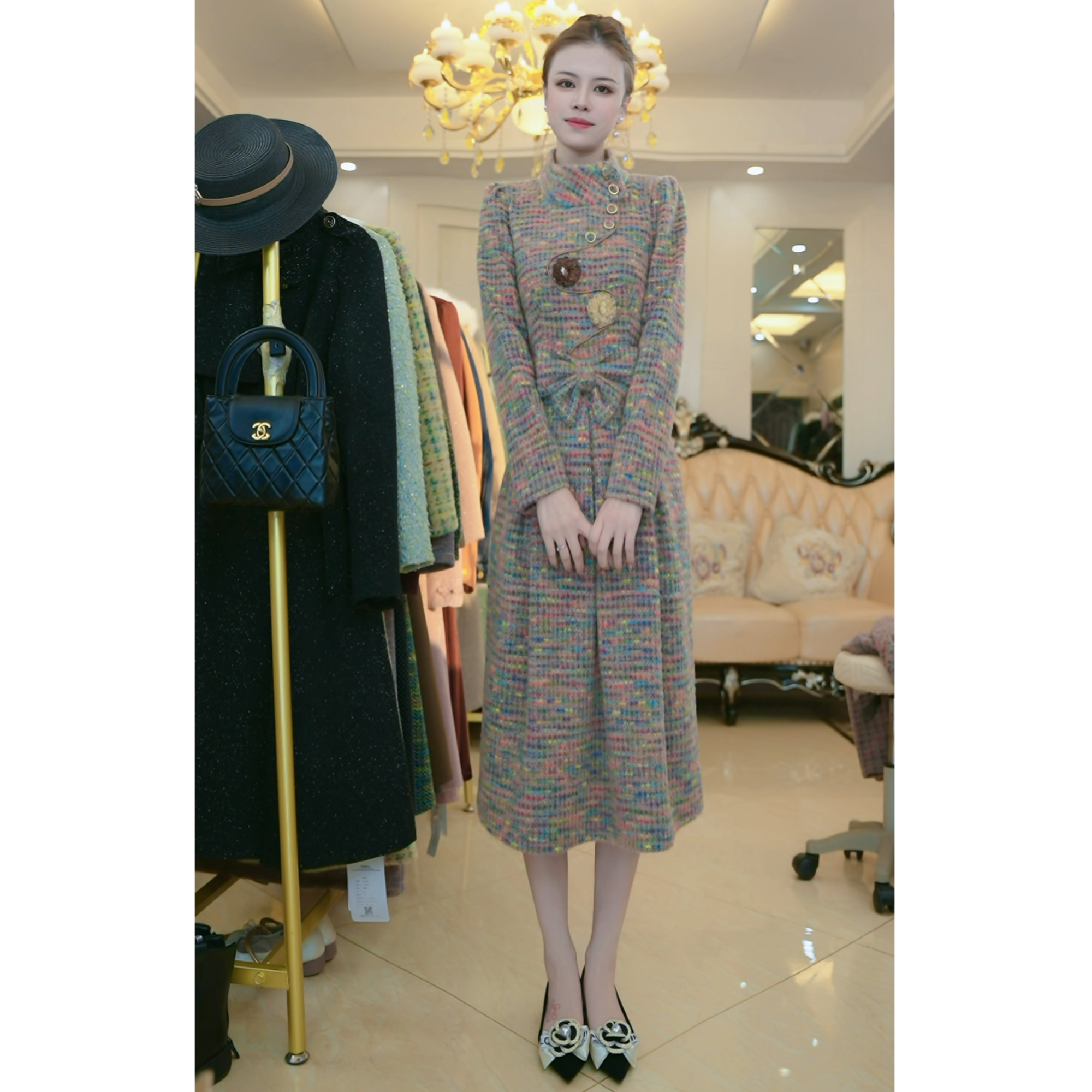 梦想服饰2025冬季洋气时尚显瘦简约通勤中长款连衣裙5040