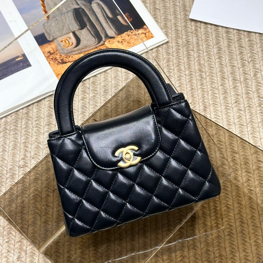 99新 Chanel/香奈儿 25A 黑金羊皮Kelly单肩斜挎包