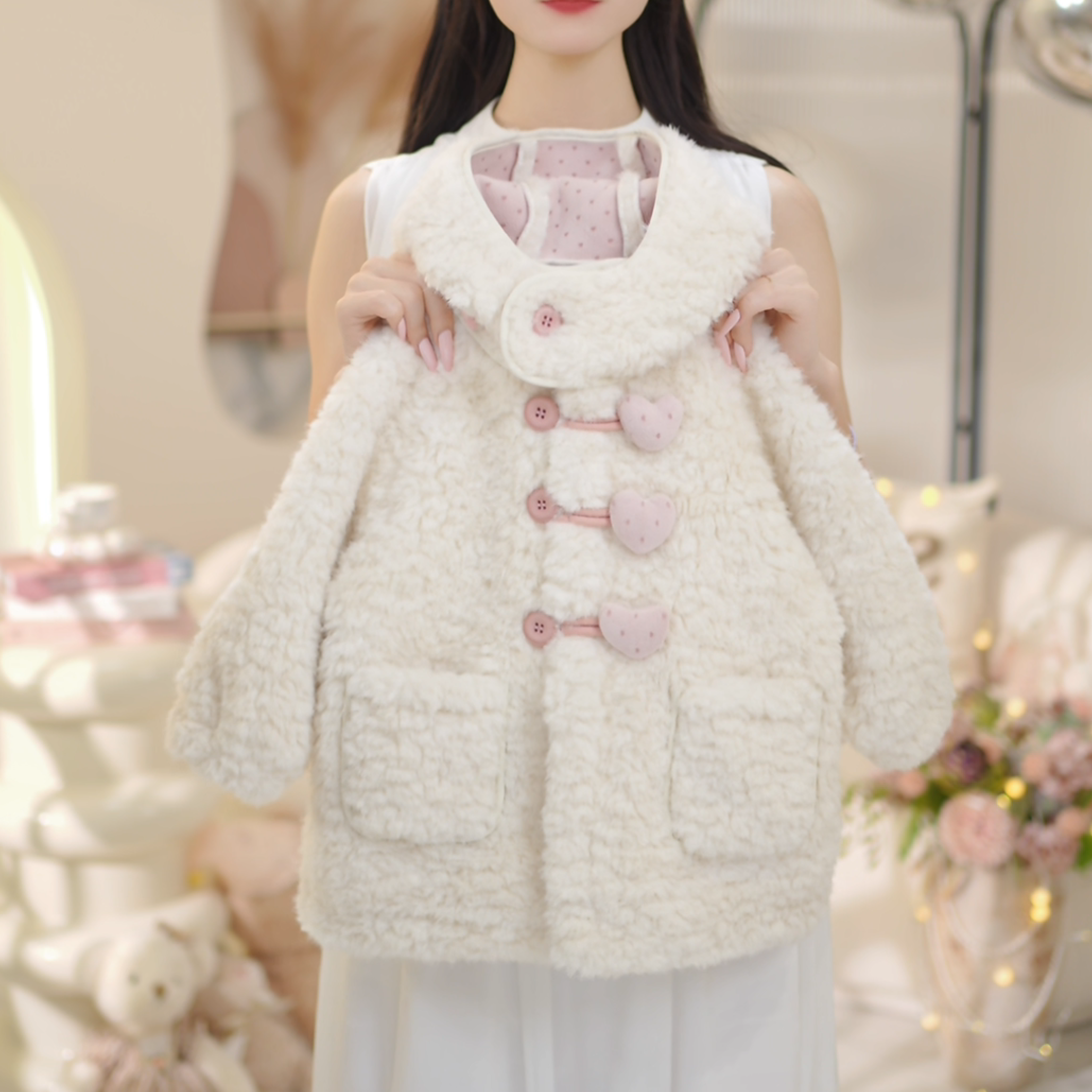 女童2025秋冬新款甜美洋气加厚皮毛一体连帽爱心中长款外套C23866