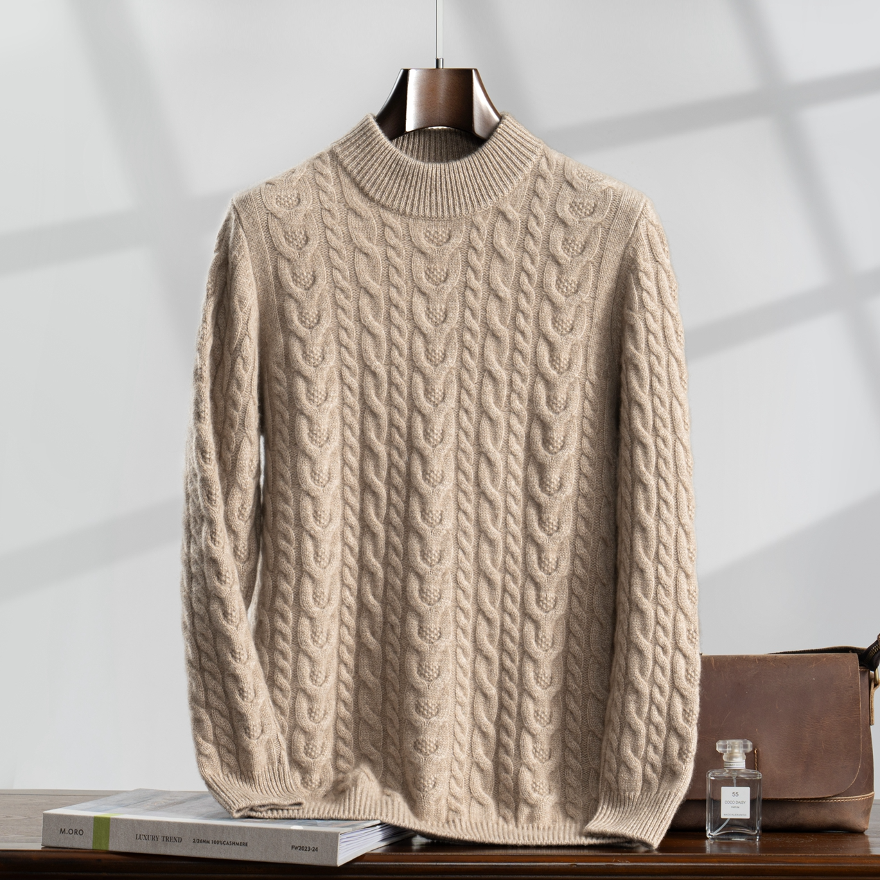 秋冬纯山羊绒男士半高领加厚套头毛衣五针纽花打底针织衫宽松023