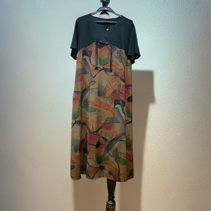 夏季V领拼接宽松休闲连衣裙F201