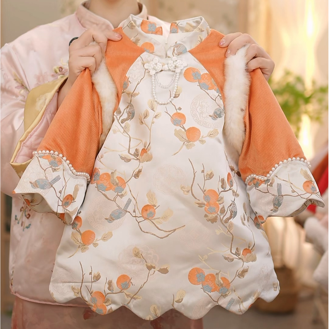 现货【心想柿成】SC693女童冬季新中式加绒加厚国风旗袍裙拜年服