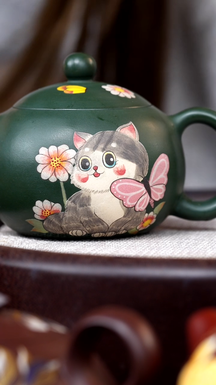 茶壶紫砂民国绿西施泥绘猫咪007