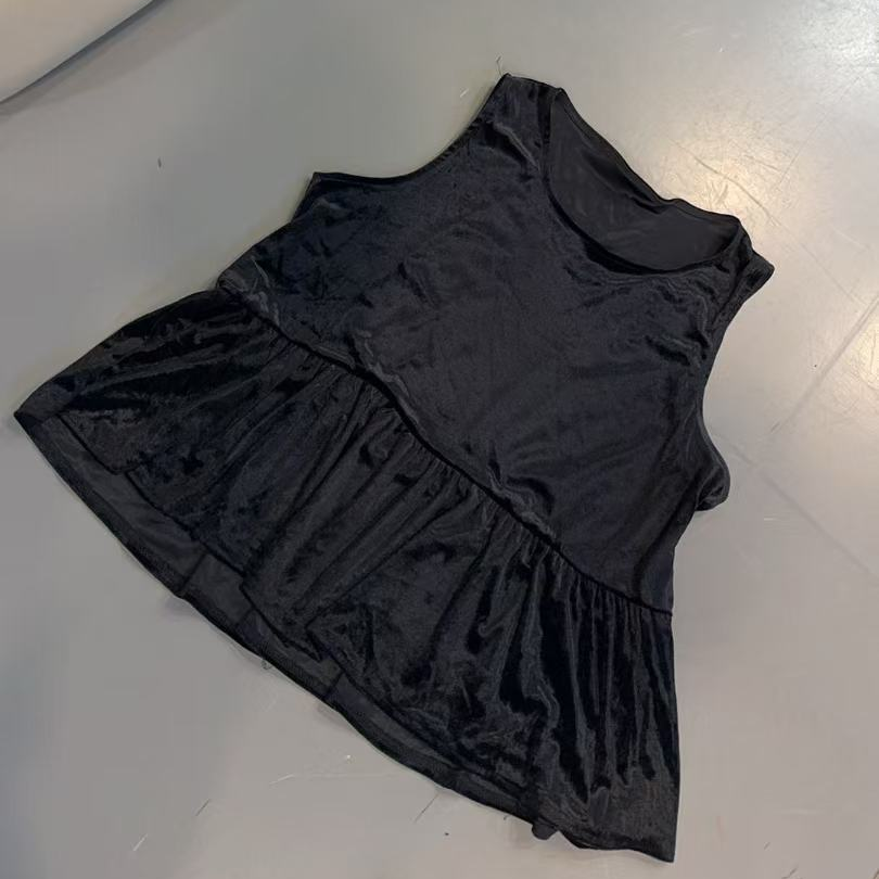 【文乐乐】春季新款洋气减龄时尚休闲潮流丝绒砍袖花边T恤66027